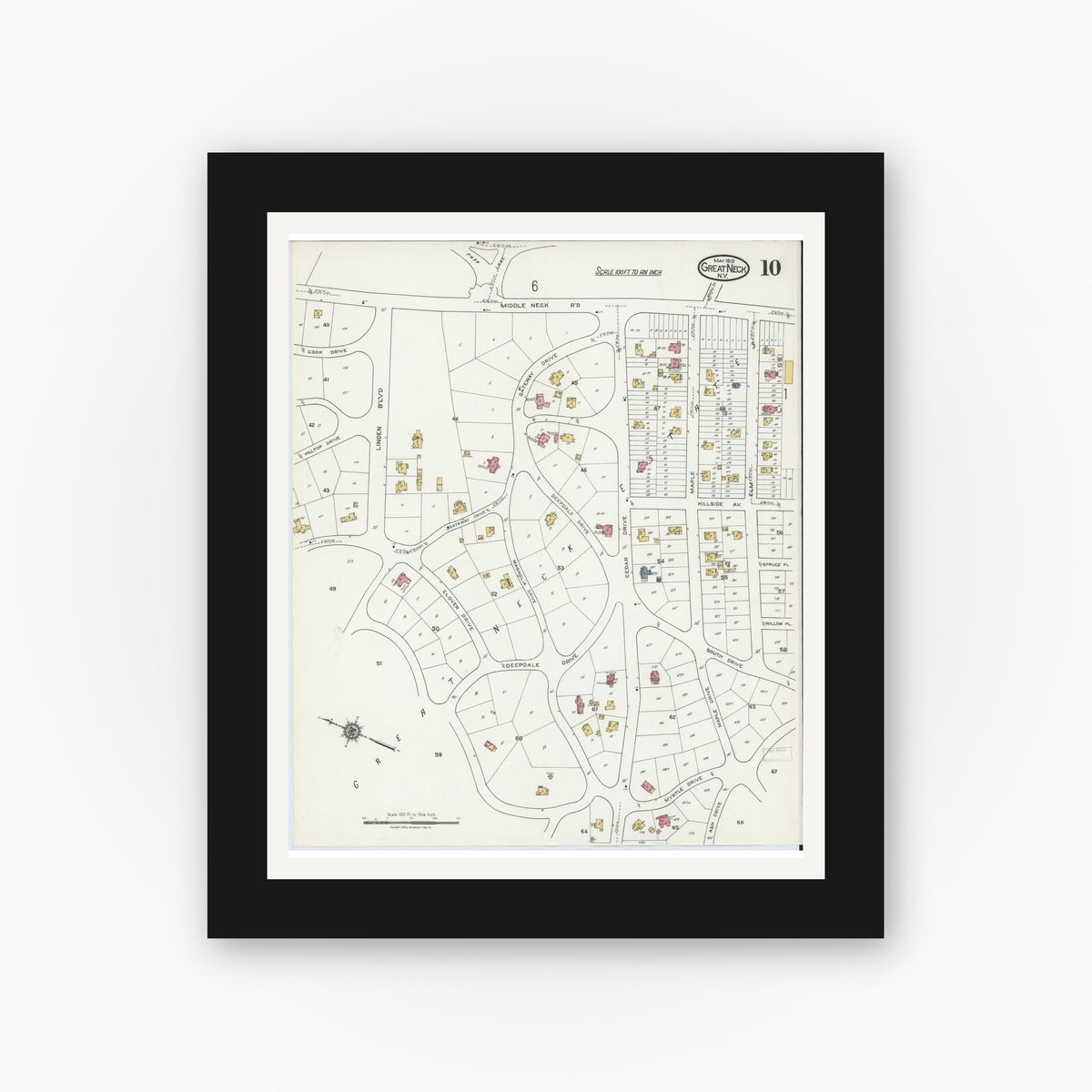 Old map wall art mockup — black gallery frame with white mat — Sanborn Fire Insurance Map from Great Neck, Nassau County, New York (1919), Sheet #0010