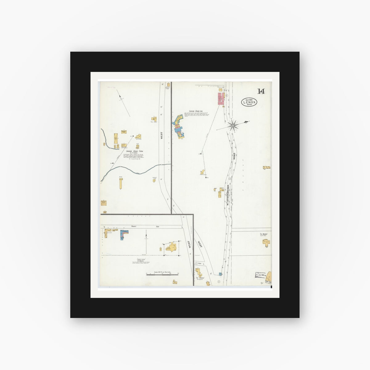 Old map wall art mockup — black gallery frame with white mat — Sanborn Fire Insurance Map from Lenox, Berkshire County, Massachusetts (1905), Sheet #0014