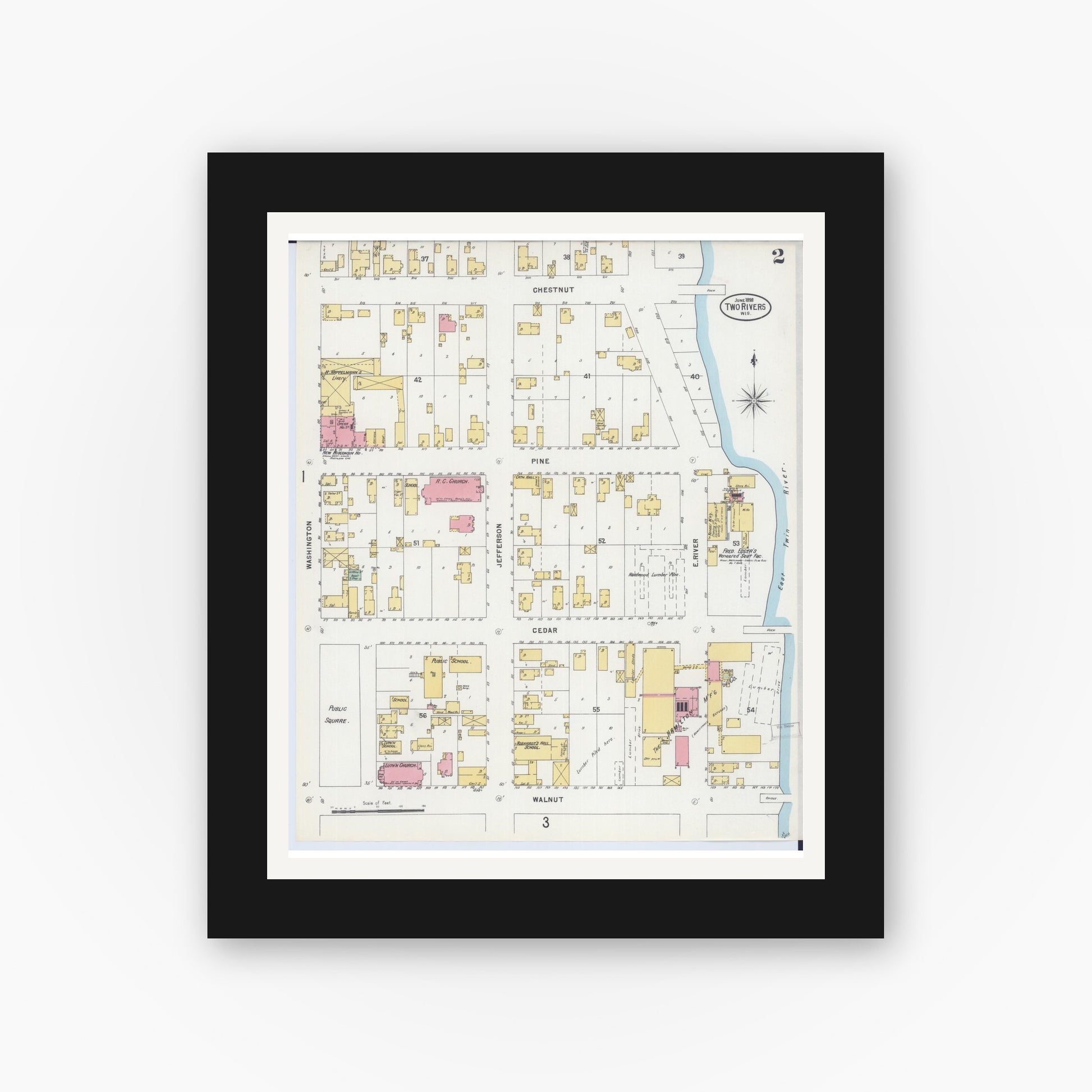 Old map wall art mockup — black gallery frame with white mat — Sanborn Fire Insurance Map from Two Rivers, Manitowoc County, Wisconsin (1898), Sheet #0002