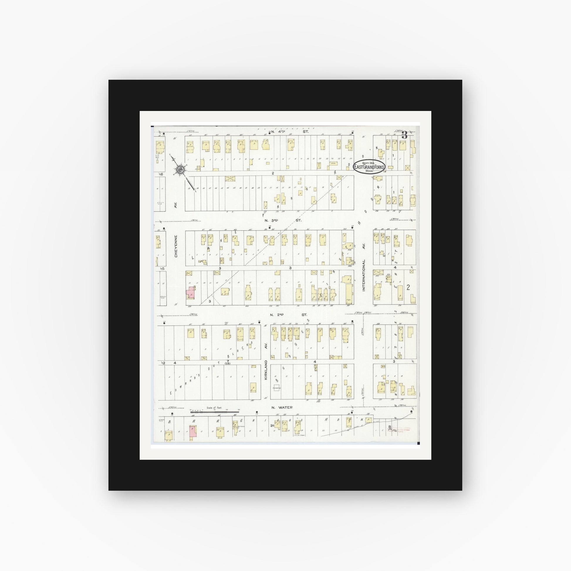 Old map wall art mockup — black gallery frame with white mat — Sanborn Fire Insurance Map from East Grand Forks, Polk County, Minnesota (1914), Sheet #0003