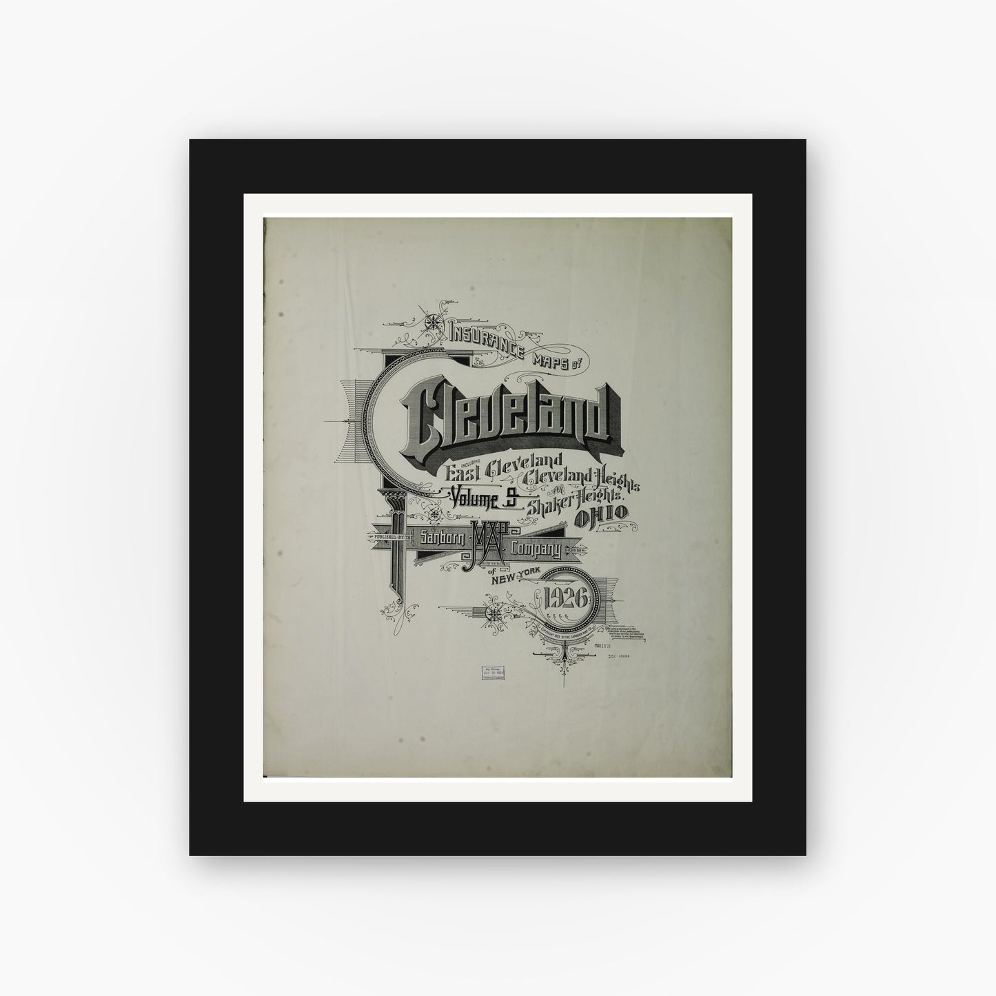 Old map wall art mockup — black gallery frame with white mat — Sanborn Fire Insurance Map from Cleveland, Cuyahoga County, Ohio (1926), Sheet #0001