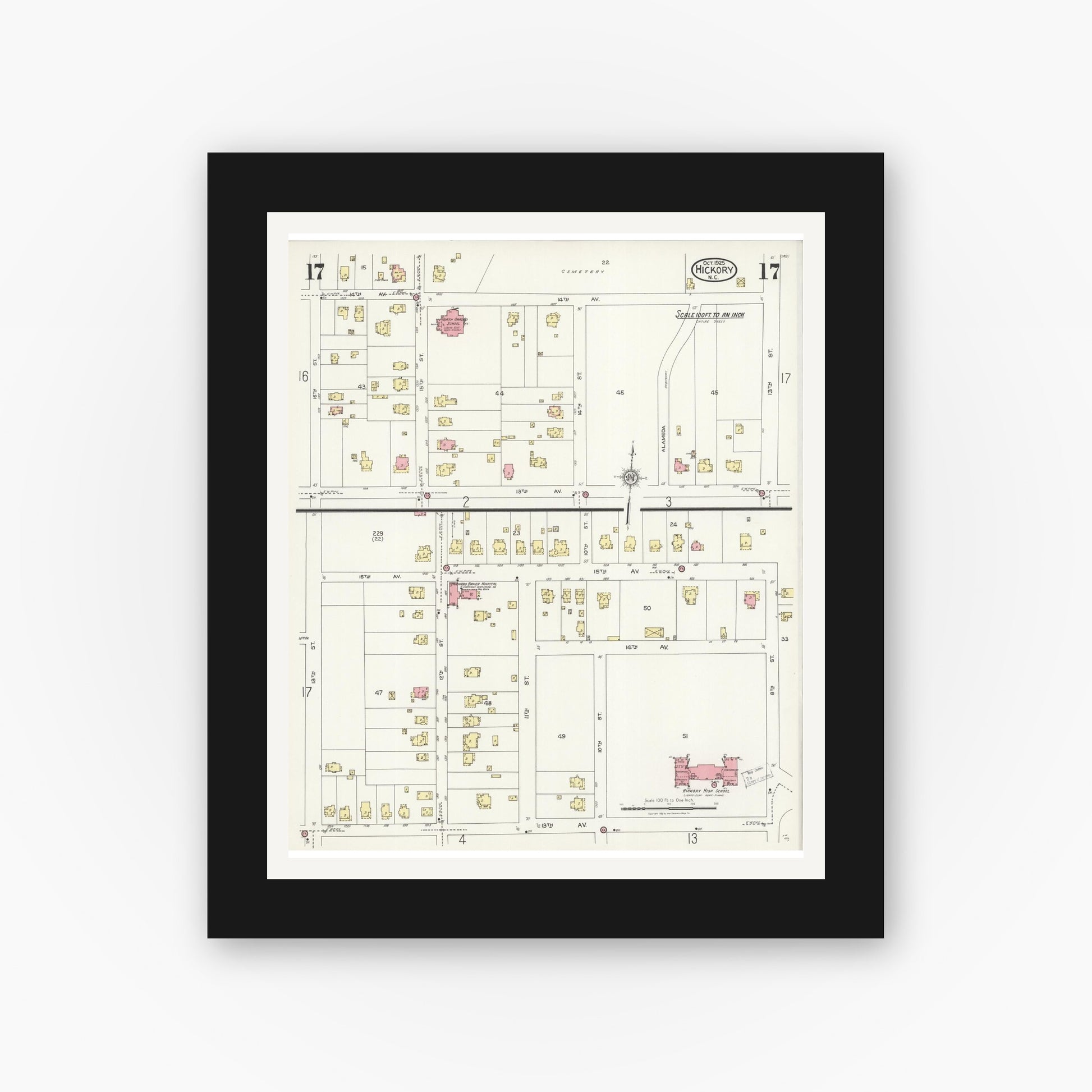 Old map wall art mockup — black gallery frame with white mat — Sanborn Fire Insurance Map from Hickory, Catawba County, North Carolina (1925), Sheet #0017