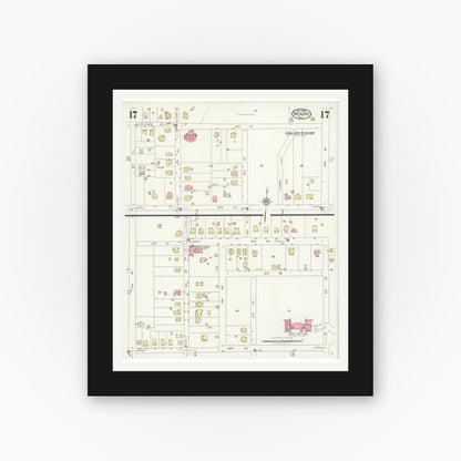 Old map wall art mockup — black gallery frame with white mat — Sanborn Fire Insurance Map from Hickory, Catawba County, North Carolina (1925), Sheet #0017