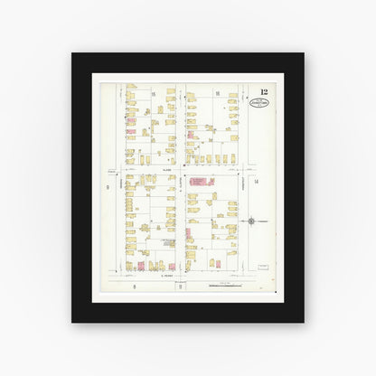 Old map wall art mockup — black gallery frame with white mat — Sanborn Fire Insurance Map from Johnstown, Fulton County, New York (1912), Sheet #0012