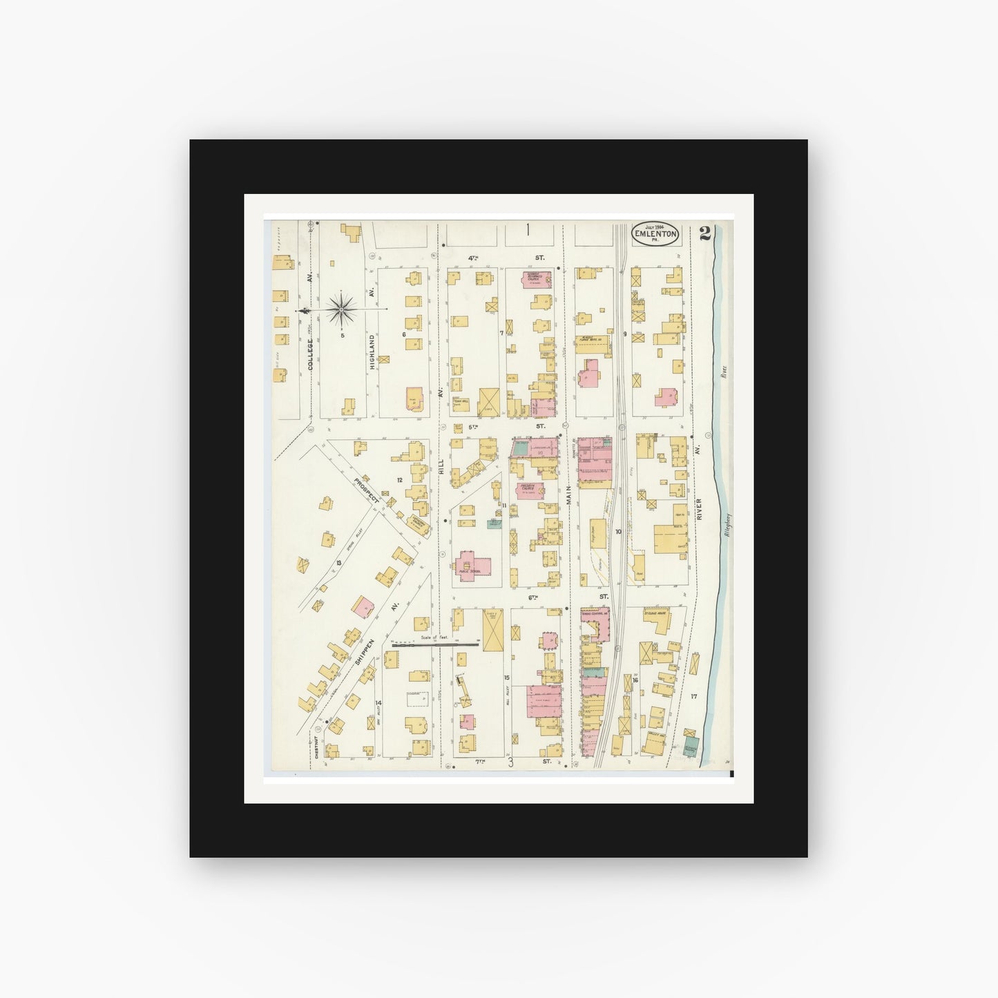 Old map wall art mockup — black gallery frame with white mat — Sanborn Fire Insurance Map from Emlenton, Venango County, Pennsylvania (1904), Sheet #0002