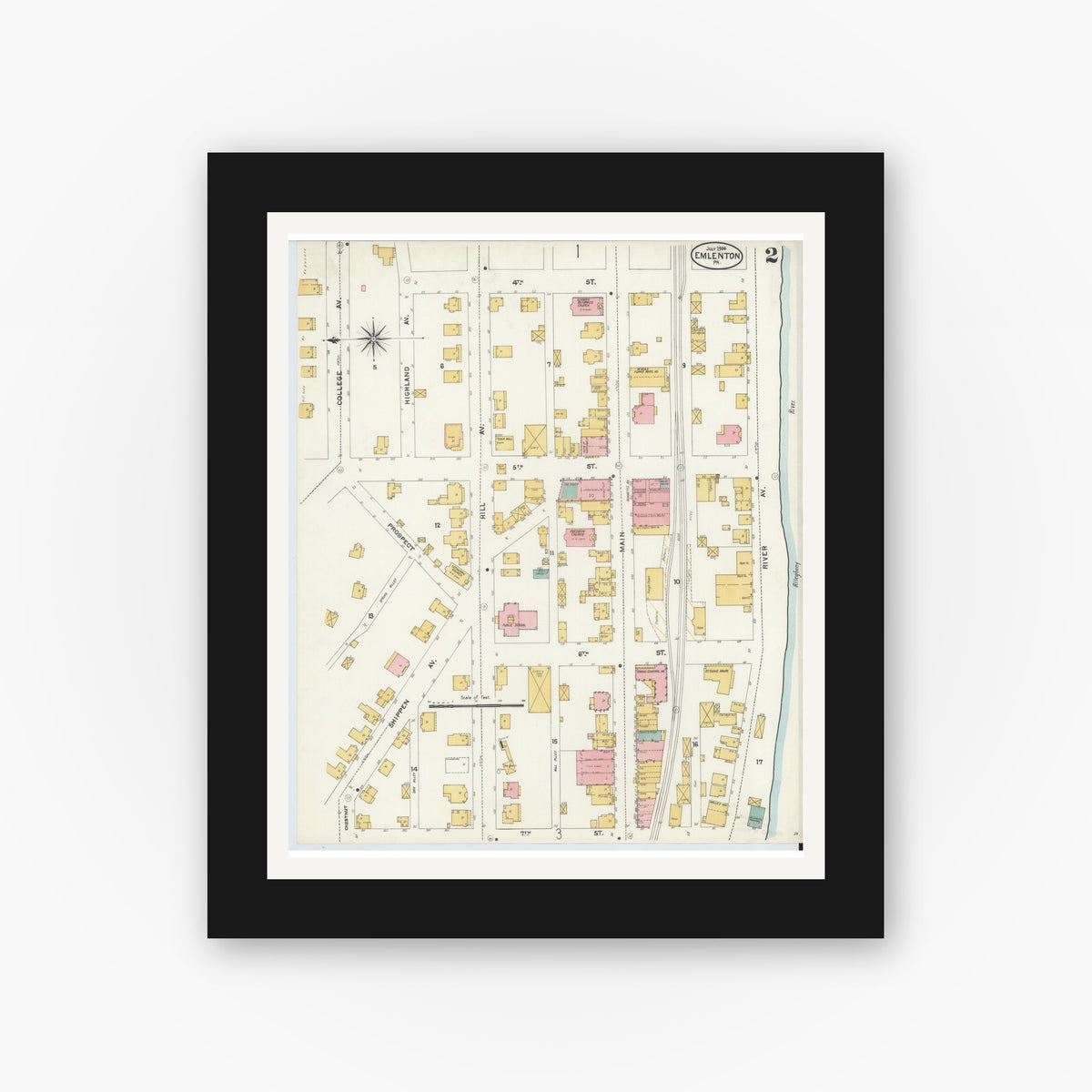 Old map wall art mockup — black gallery frame with white mat — Sanborn Fire Insurance Map from Emlenton, Venango County, Pennsylvania (1904), Sheet #0002