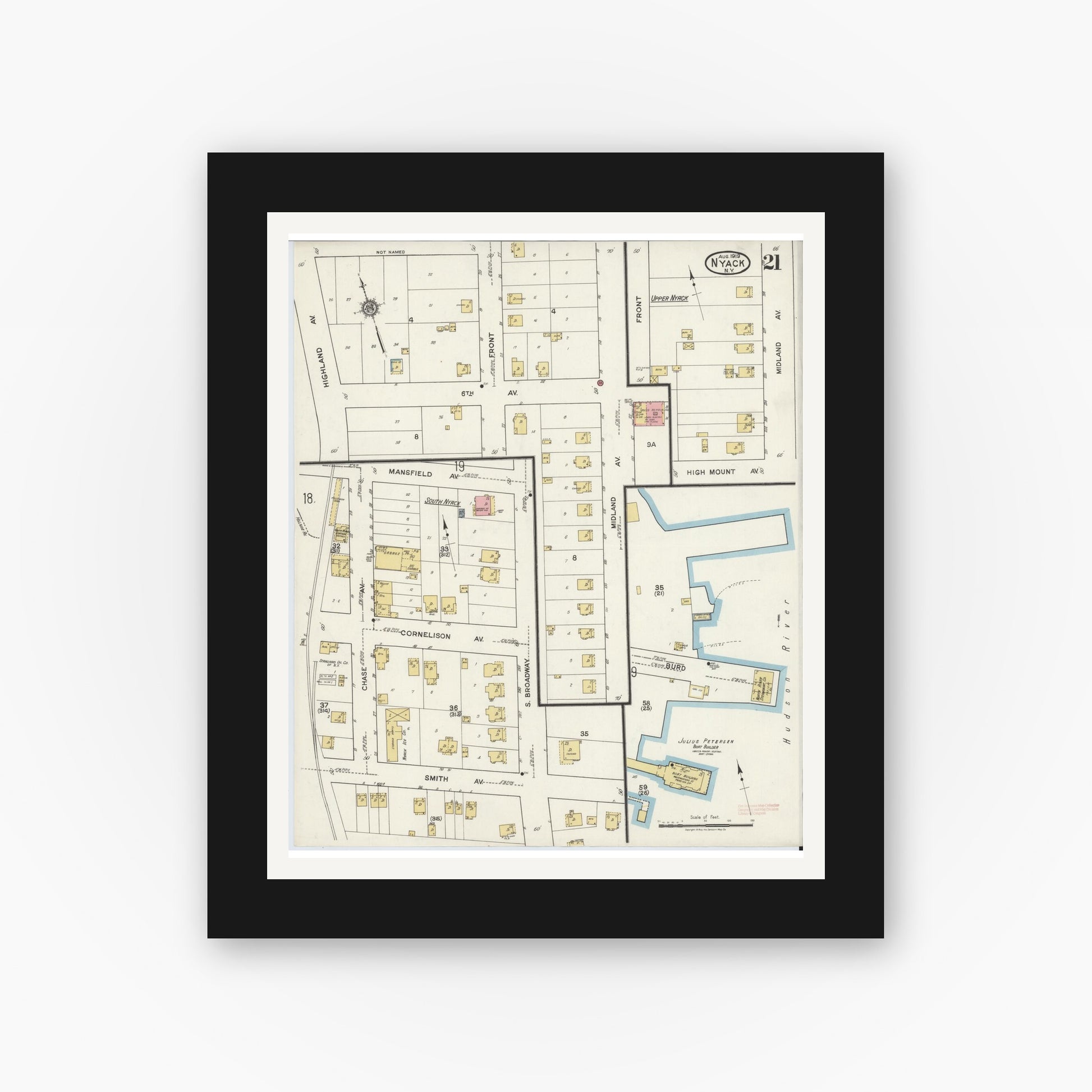 Old map wall art mockup — black gallery frame with white mat — Sanborn Fire Insurance Map from Nyack, Rockland County, New York. (1919), Sheet #0021
