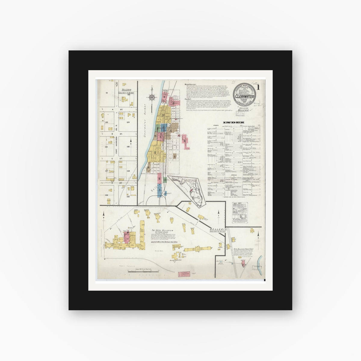 Old map wall art mockup — black gallery frame with white mat — Sanborn Fire Insurance Map from Clearwater, Pinellas County, Florida (1917), Sheet #0001