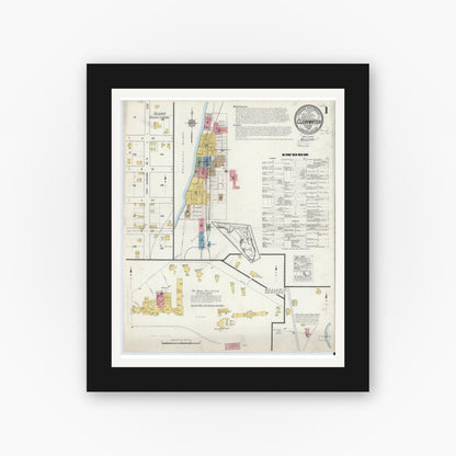 Old map wall art mockup — black gallery frame with white mat — Sanborn Fire Insurance Map from Clearwater, Pinellas County, Florida (1917), Sheet #0001