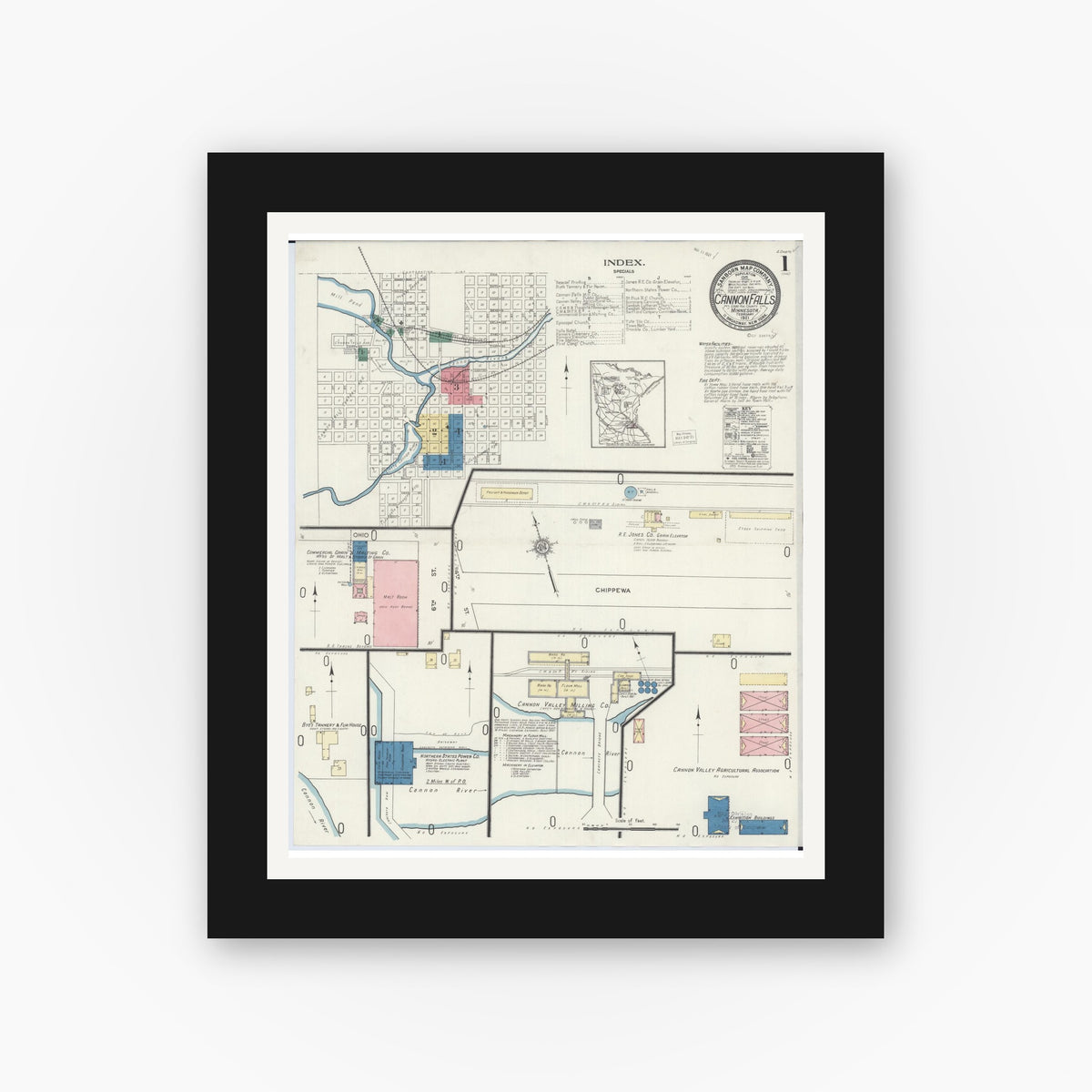 Old map wall art mockup — black gallery frame with white mat — Sanborn Fire Insurance Map from Cannon Falls, Goodhue County, Minnesota (1921), Sheet #0001