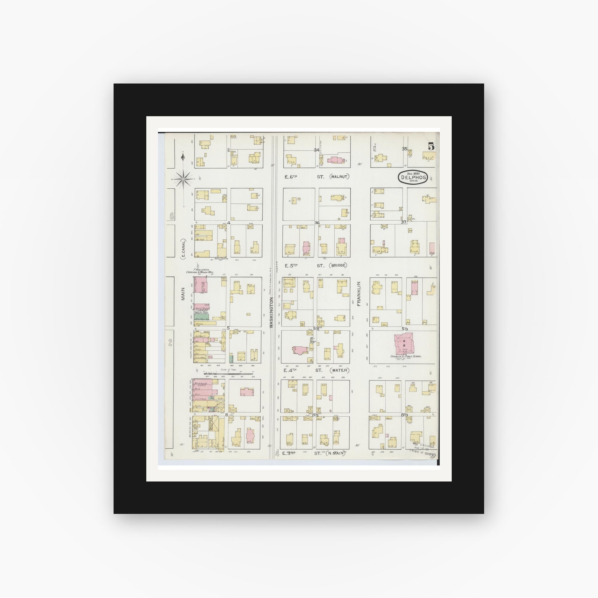 Old map wall art mockup — black gallery frame with white mat — Sanborn Fire Insurance Map from Delphos, Van Wert And Allen Counties, Ohio (1892), Sheet #0005