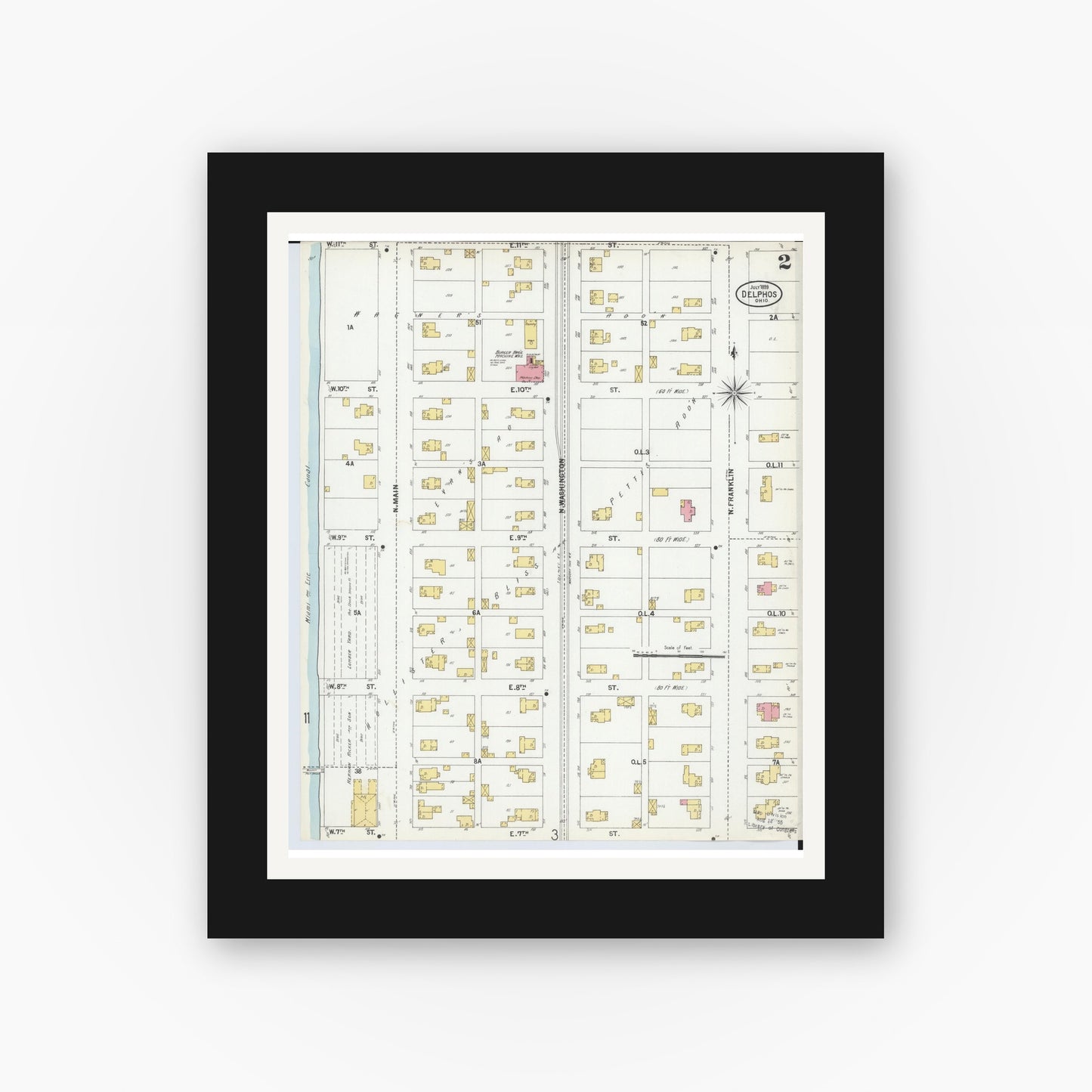 Old map wall art mockup — black gallery frame with white mat — Sanborn Fire Insurance Map from Delphos, Van Wert And Allen Counties, Ohio (1899), Sheet #0002