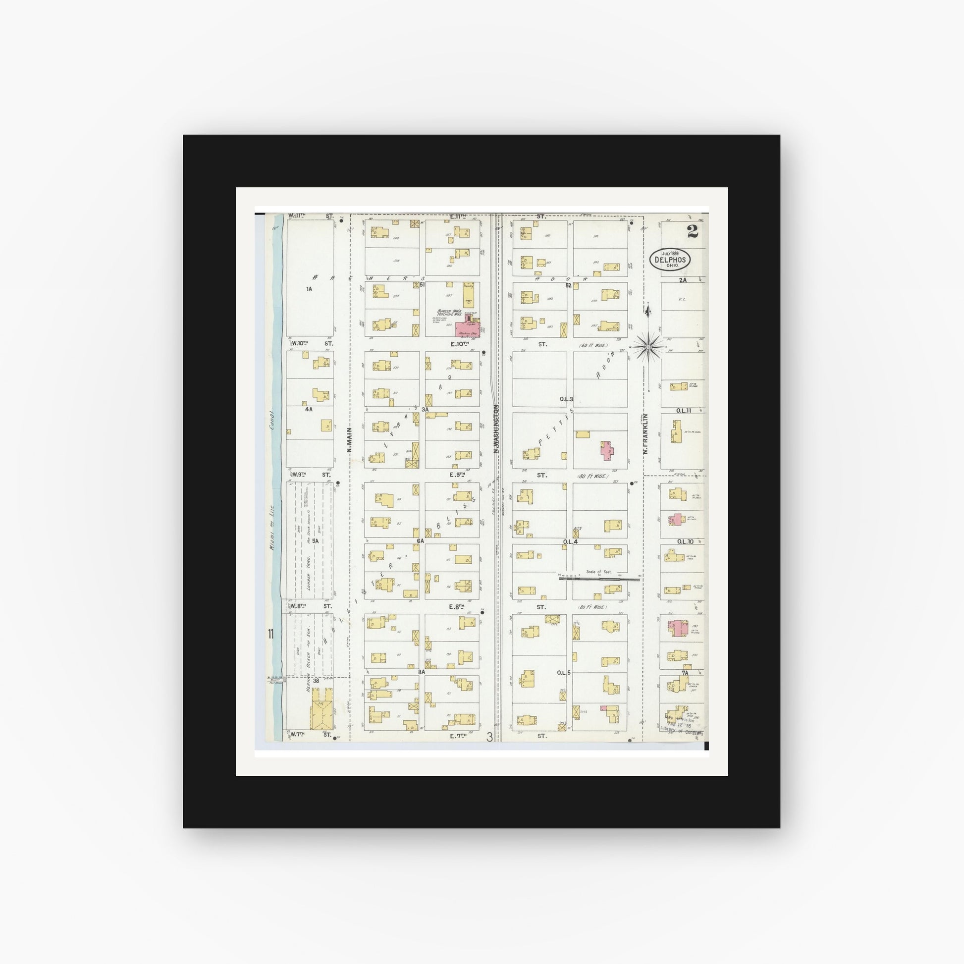 Old map wall art mockup — black gallery frame with white mat — Sanborn Fire Insurance Map from Delphos, Van Wert And Allen Counties, Ohio (1899), Sheet #0002