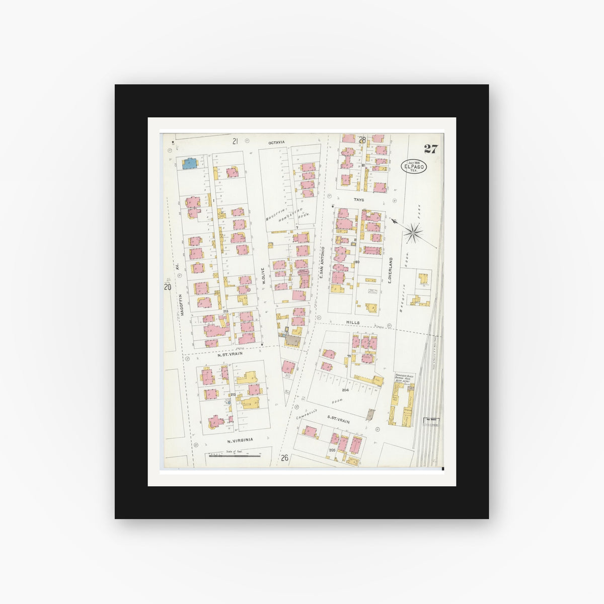 Old map wall art mockup — black gallery frame with white mat — Sanborn Fire Insurance Map from El Paso, El Paso County, Texas (1905), Sheet #0027