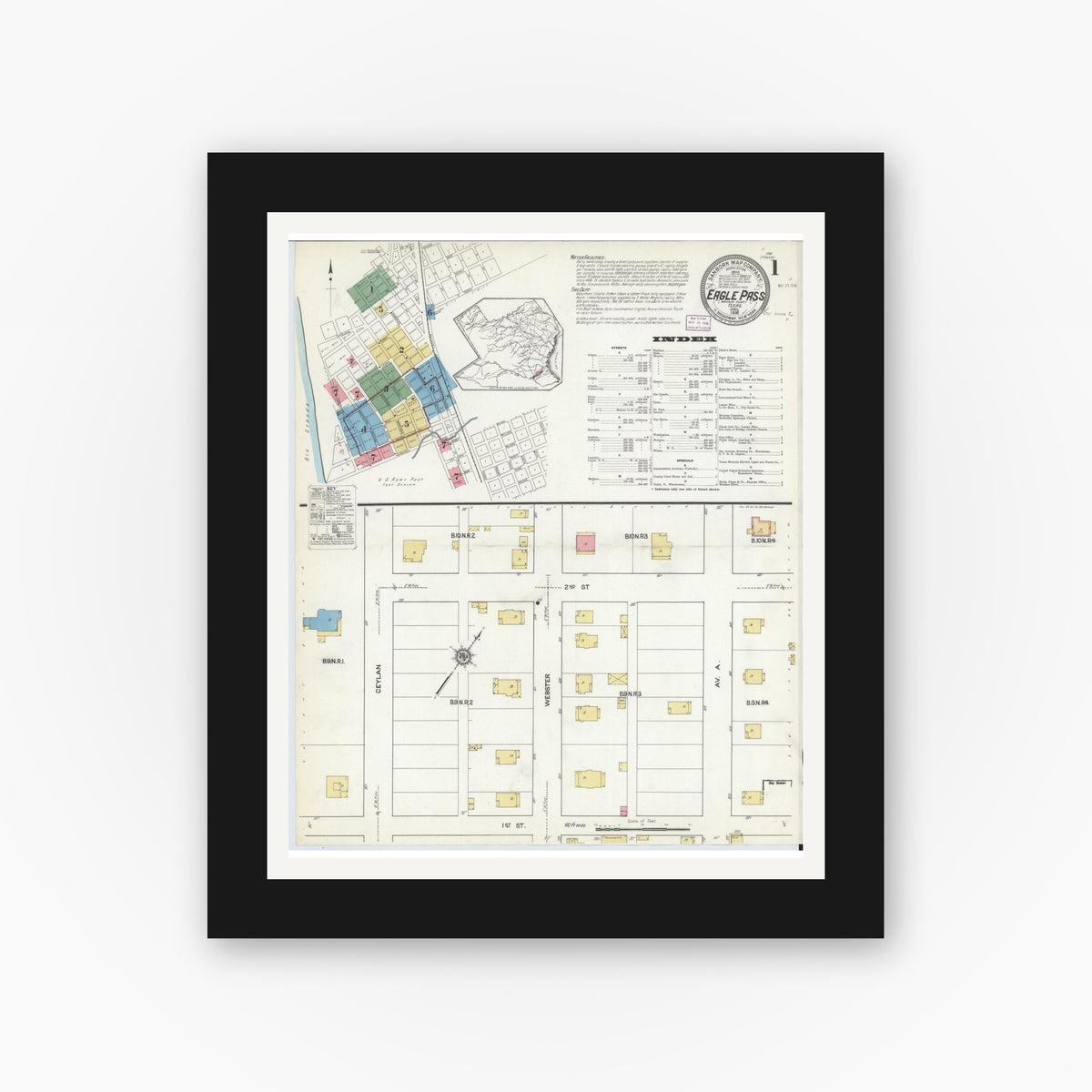 Old map wall art mockup — black gallery frame with white mat — Sanborn Fire Insurance Map from Eagle Pass, Maverick County, Texas (1916), Sheet #0001