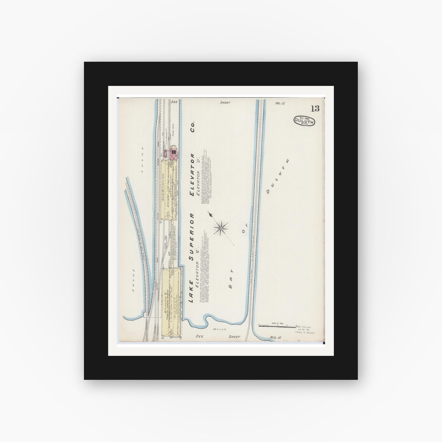 Old map wall art mockup — black gallery frame with white mat — Sanborn Fire Insurance Map from Duluth, Saint Louis County, Minnesota (1885), Sheet #0013