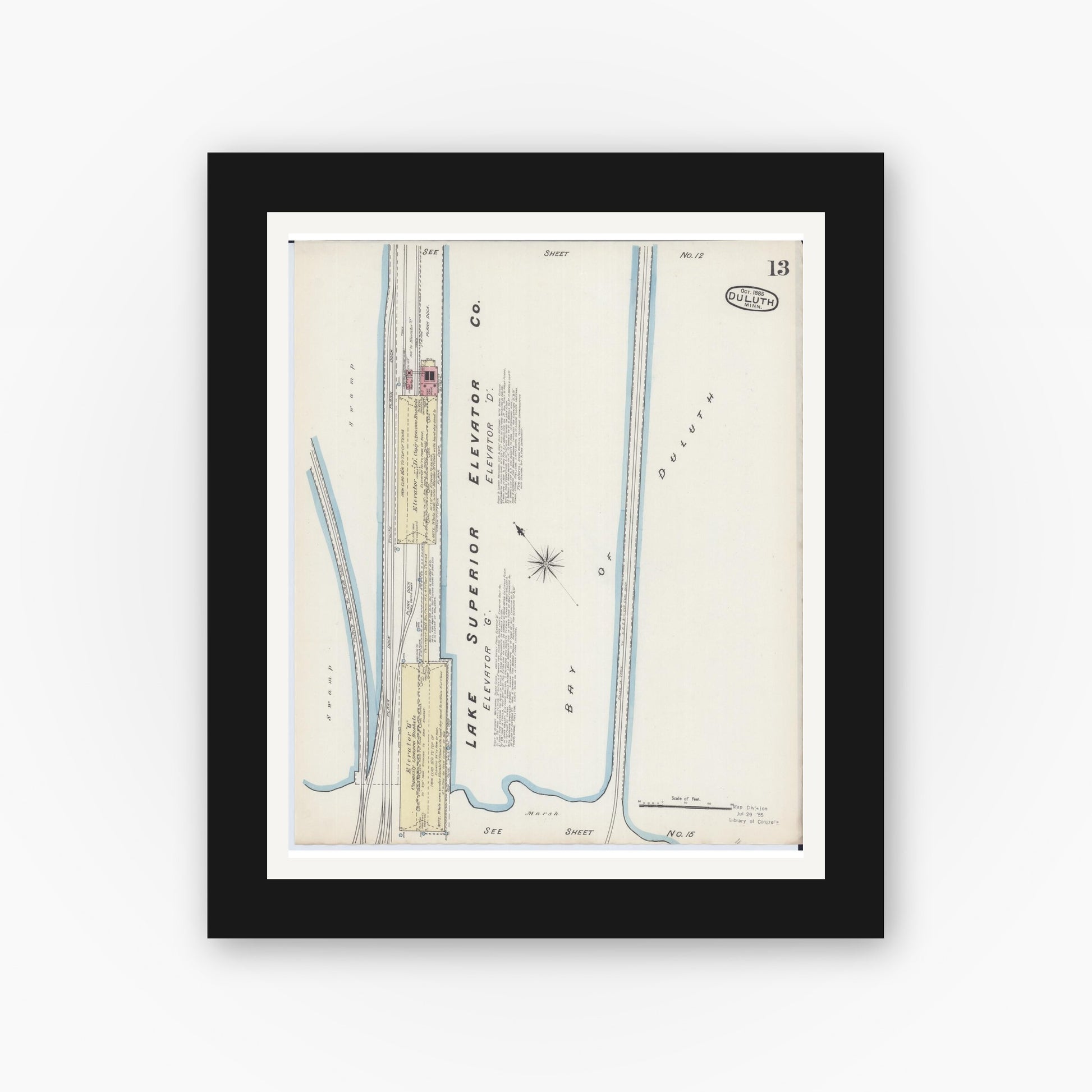 Old map wall art mockup — black gallery frame with white mat — Sanborn Fire Insurance Map from Duluth, Saint Louis County, Minnesota (1885), Sheet #0013