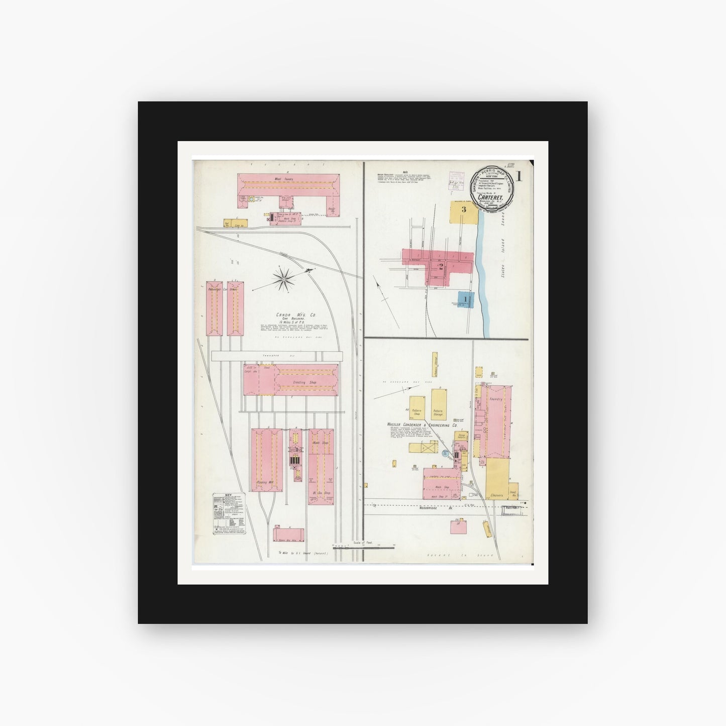Old map wall art mockup — black gallery frame with white mat — Sanborn Fire Insurance Map from Carteret, Middlesex County, New Jersey (1901) - Complete Map Set