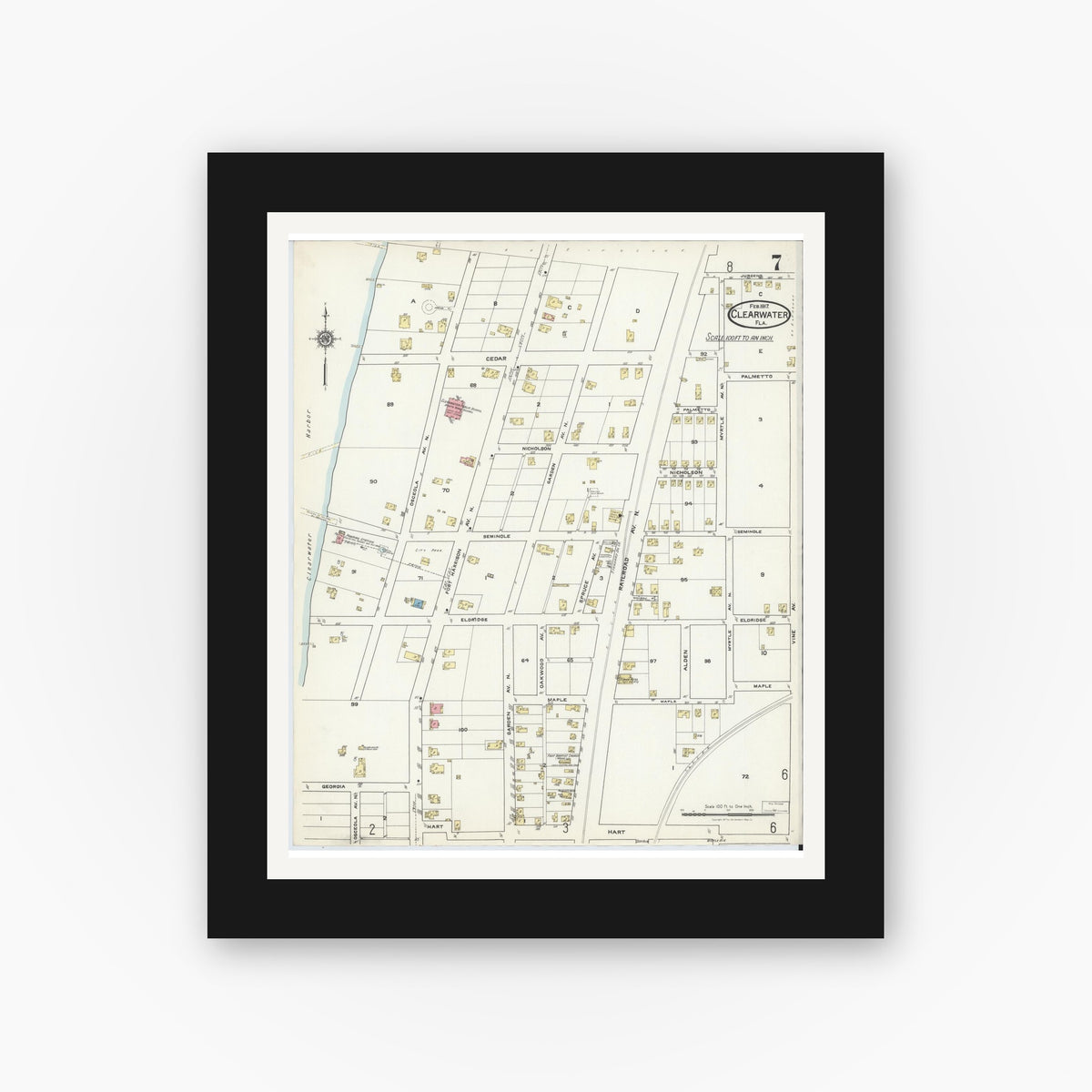 Old map wall art mockup — black gallery frame with white mat — Sanborn Fire Insurance Map from Clearwater, Pinellas County, Florida (1917), Sheet #0007