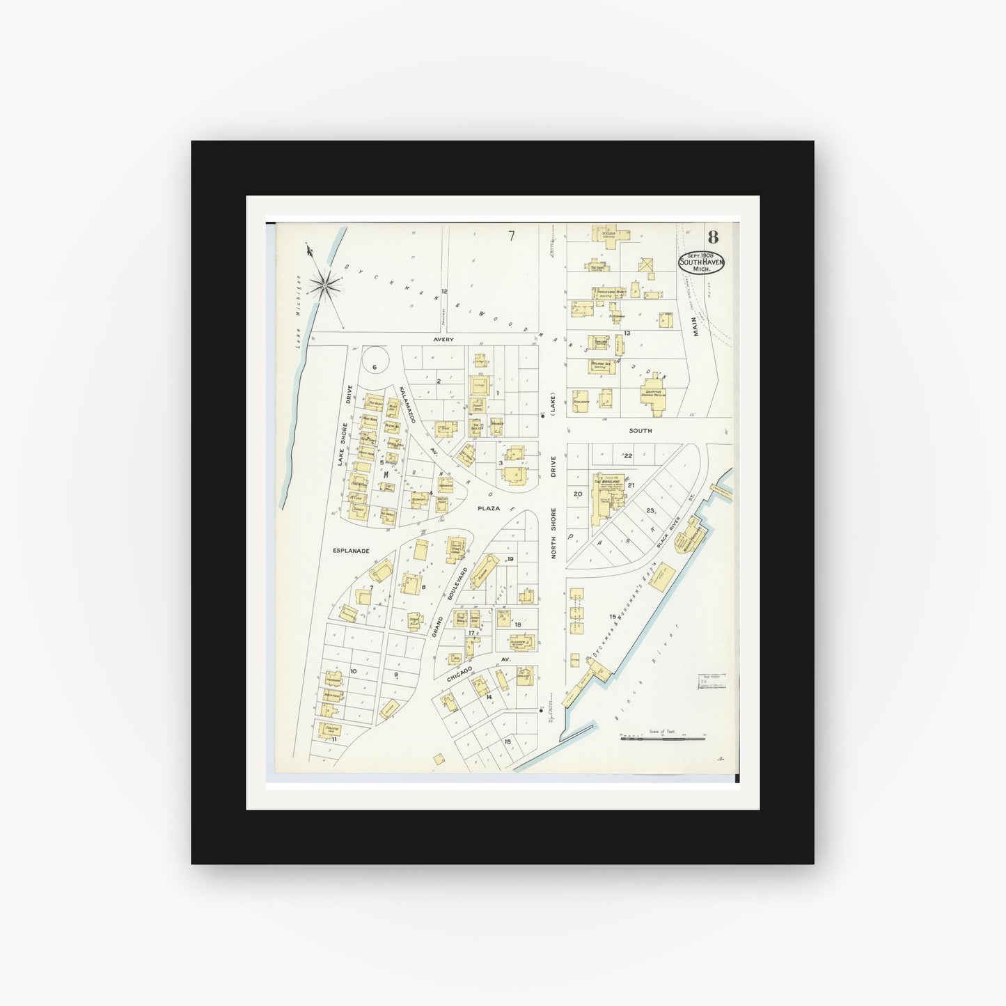 Old map wall art mockup — black gallery frame with white mat — Sanborn Fire Insurance Map from South Haven, Van Buren County, Michigan (1908), Sheet #0008