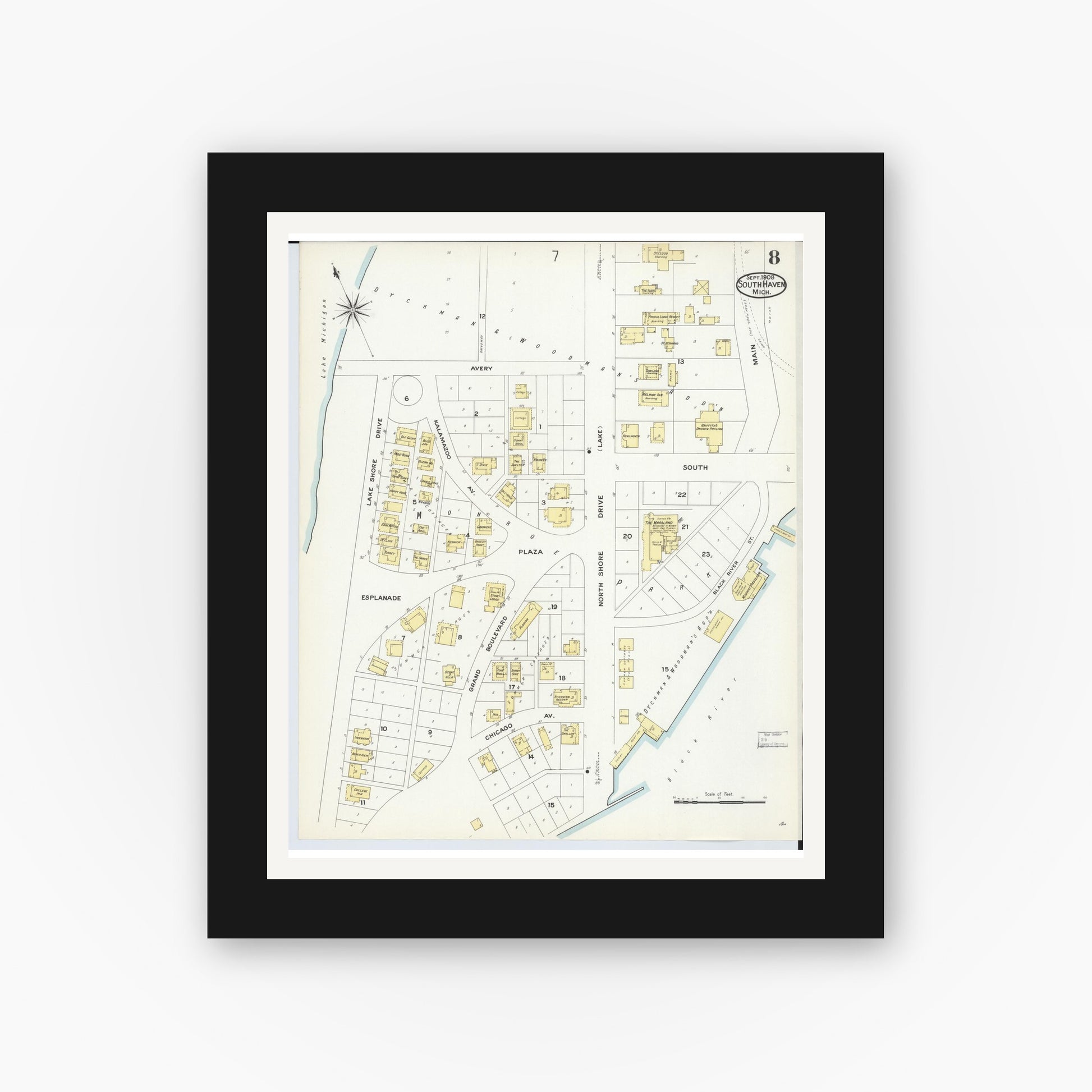 Old map wall art mockup — black gallery frame with white mat — Sanborn Fire Insurance Map from South Haven, Van Buren County, Michigan (1908), Sheet #0008