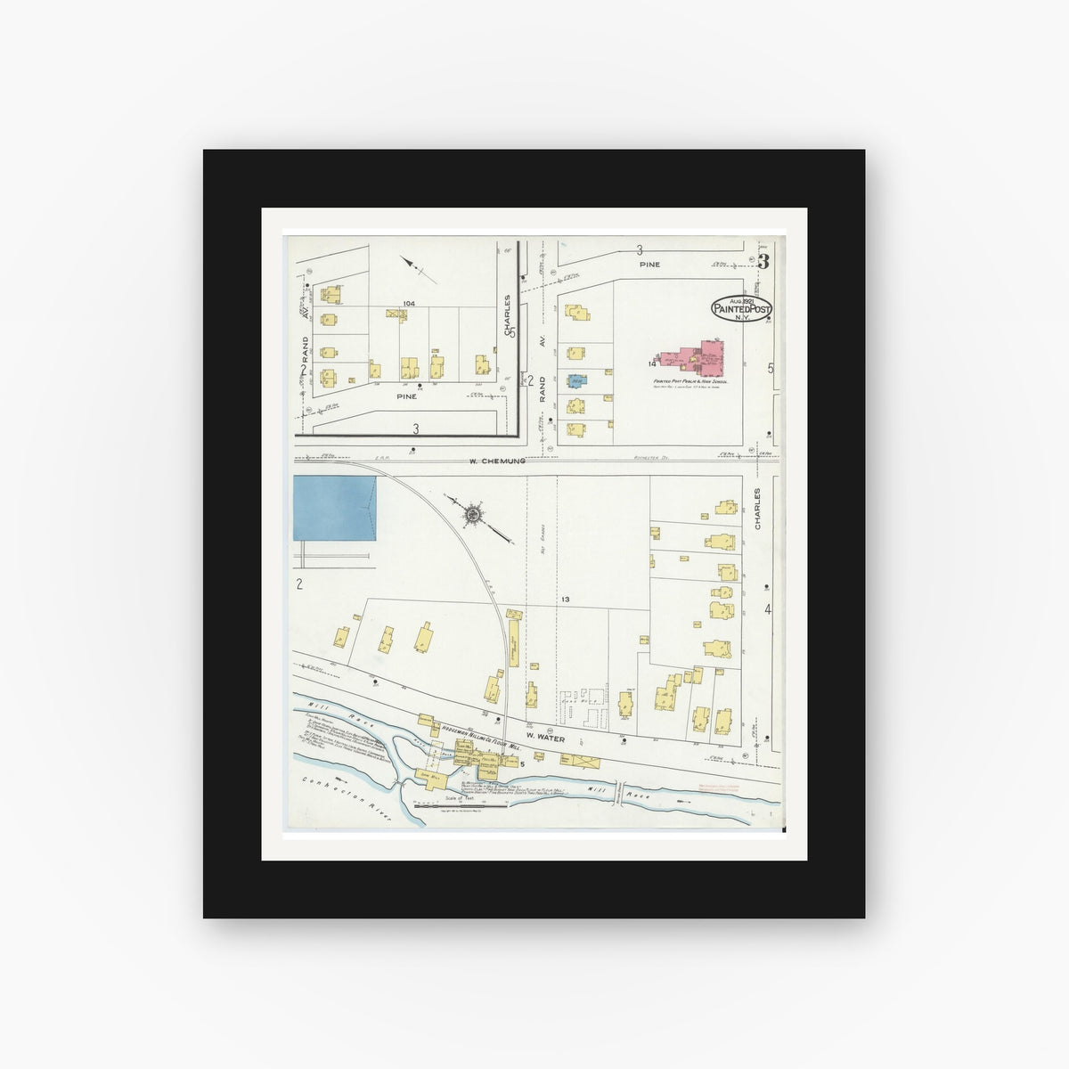 Old map wall art mockup — black gallery frame with white mat — Sanborn Fire Insurance Map from Painted Post, Steuben County, New York (1921), Sheet #0003