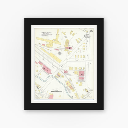 Old map wall art mockup — black gallery frame with white mat — Sanborn Fire Insurance Map from Saint Marys, Elk County, Pennsylvania (1909), Sheet #0013