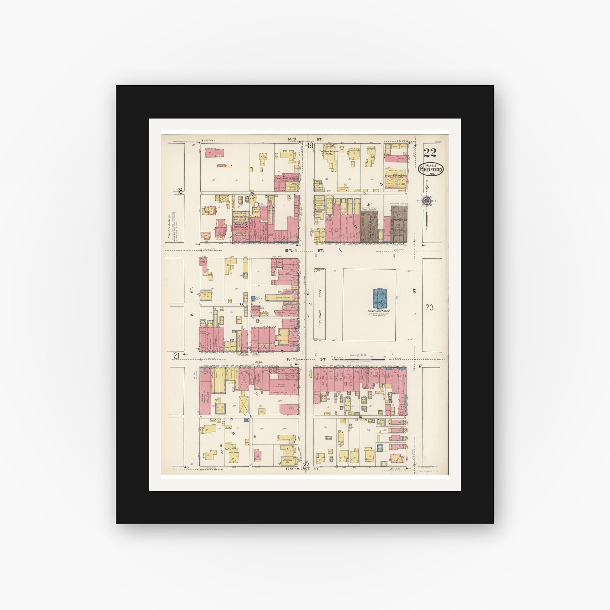 Old map wall art mockup — black gallery frame with white mat — Sanborn Fire Insurance Map from Bedford, Lawrence County, Indiana (1922), Sheet #0022