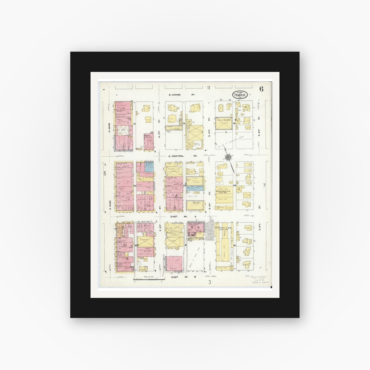 Old map wall art mockup — black gallery frame with white mat — Sanborn Fire Insurance Map from Temple, Bell County, Texas (1910), Sheet #0006