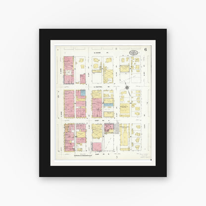 Old map wall art mockup — black gallery frame with white mat — Sanborn Fire Insurance Map from Temple, Bell County, Texas (1910), Sheet #0006