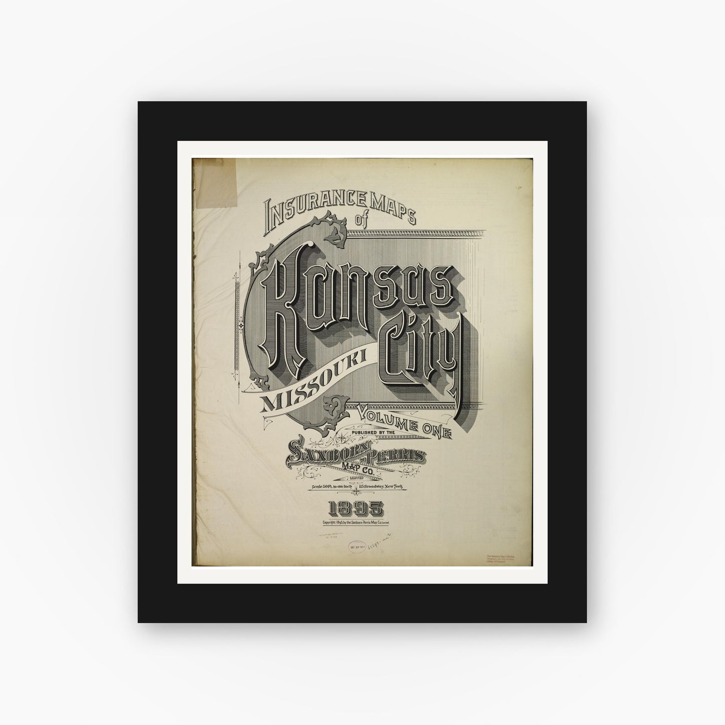 Old map wall art mockup — black gallery frame with white mat — Sanborn Fire Insurance Map from Kansas City, Jackson, Clay, And Platte Counties, Missouri (1895), Sheet #0001
