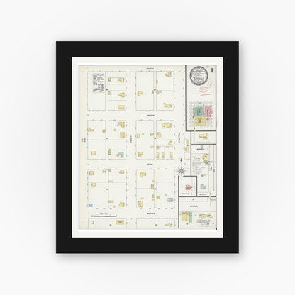 Old map wall art mockup — black gallery frame with white mat — Sanborn Fire Insurance Map from Seymour, Baylor County, Texas (1898), Sheet #0001