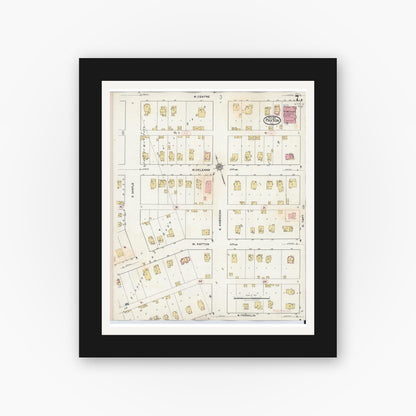 Old map wall art mockup — black gallery frame with white mat — Sanborn Fire Insurance Map from Paxton, Ford County, Illinois (1932), Sheet #0007