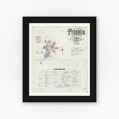 Old map wall art mockup — black gallery frame with white mat — Sanborn Fire Insurance Map from Franklin, Norfolk County, Massachusetts (1911) - Complete Map Set