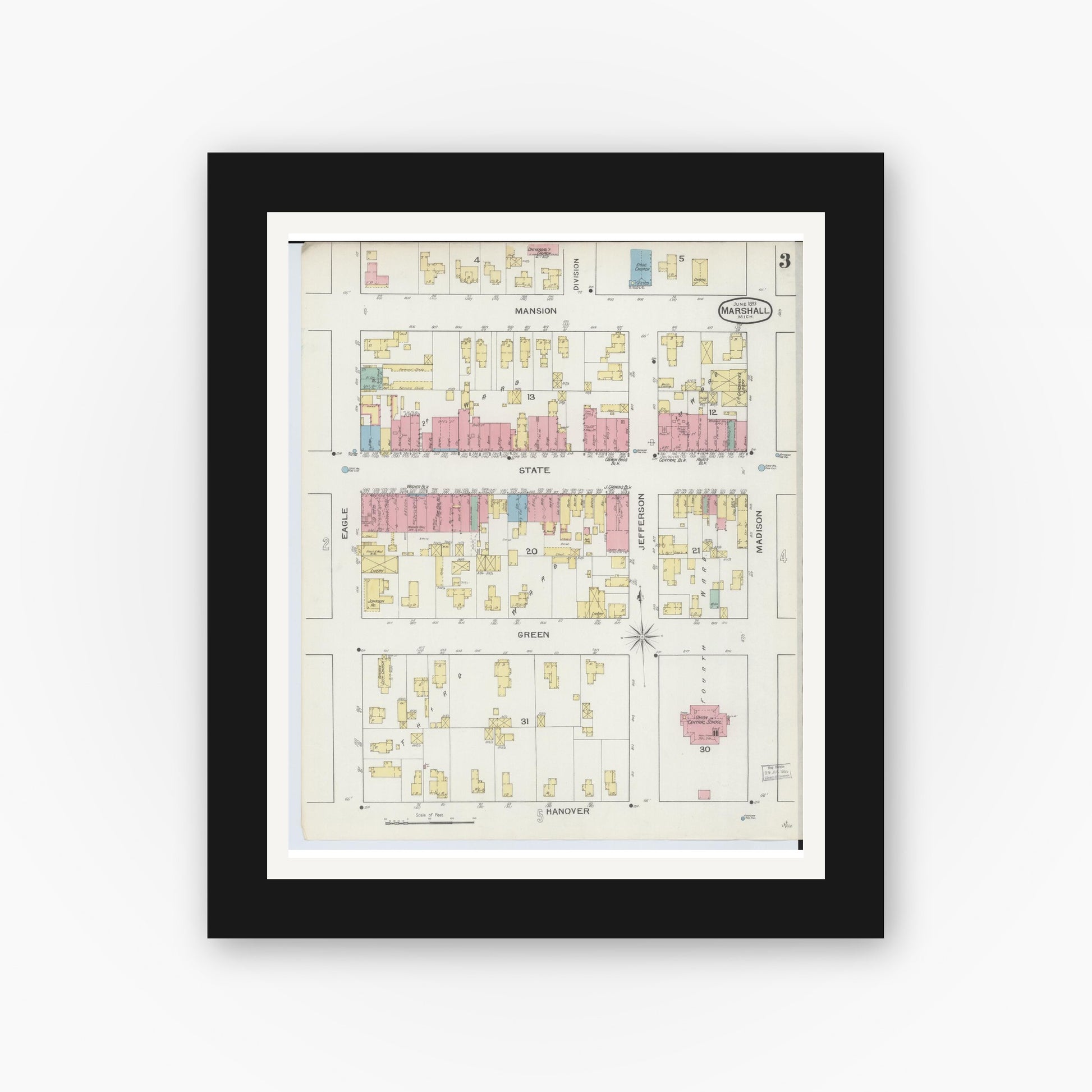 Old map wall art mockup — black gallery frame with white mat — Sanborn Fire Insurance Map from Marshall, Calhoun County, Michigan (1893), Sheet #0003