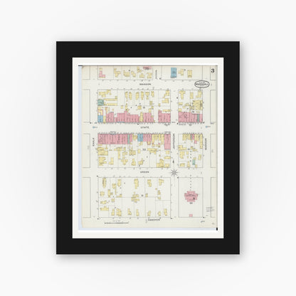 Old map wall art mockup — black gallery frame with white mat — Sanborn Fire Insurance Map from Marshall, Calhoun County, Michigan (1893), Sheet #0003