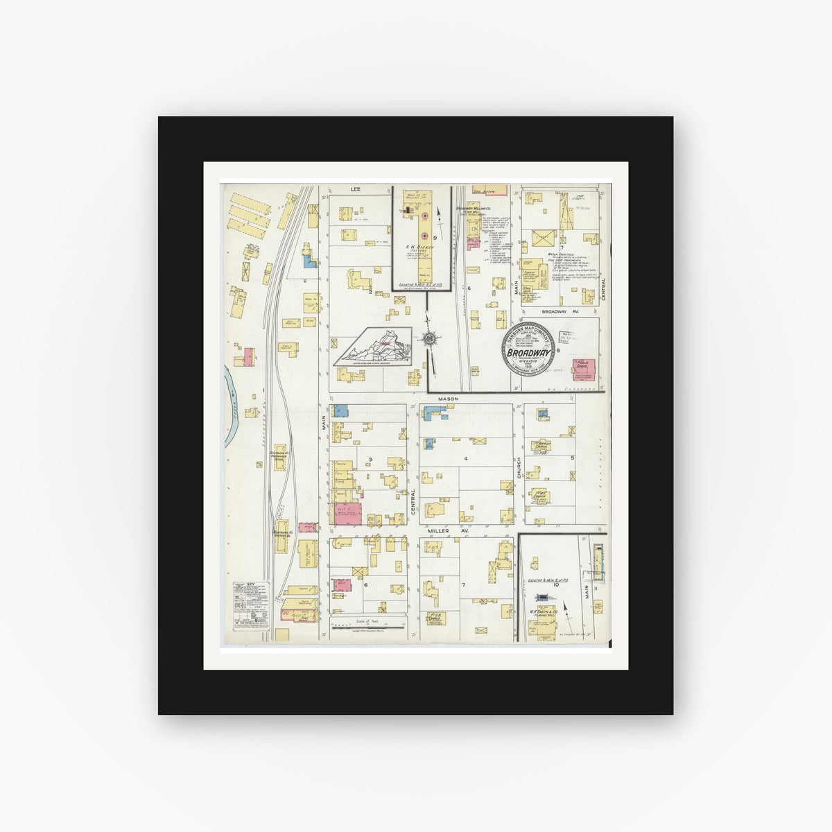 Old map wall art mockup — black gallery frame with white mat — Sanborn Fire Insurance Map from Broadway, Rockingham County, Virginia (1918), Sheet #0001