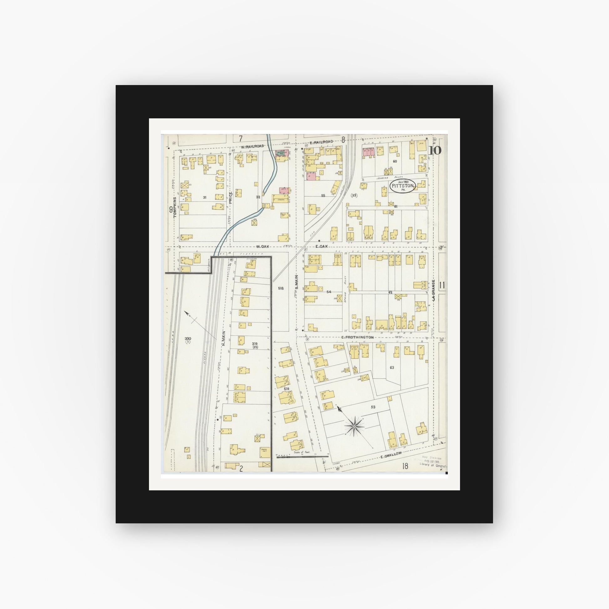 Old map wall art mockup — black gallery frame with white mat — Sanborn Fire Insurance Map from Pittston, Luzerne County, Pennsylvania (1903), Sheet #0010