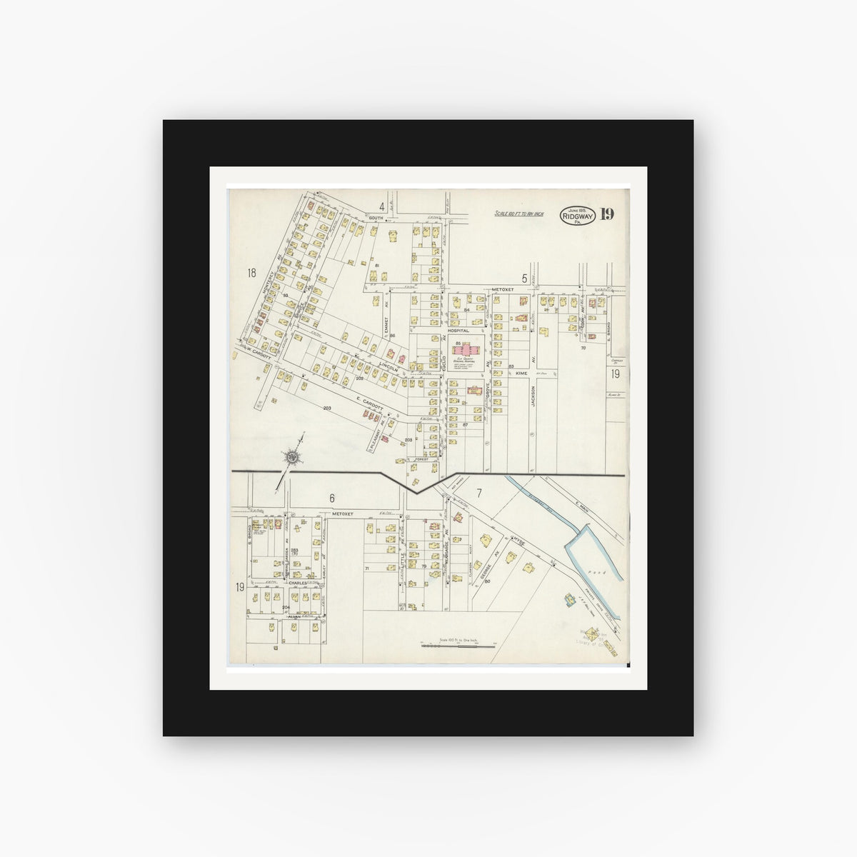 Old map wall art mockup — black gallery frame with white mat — Sanborn Fire Insurance Map from Ridgway, Elk County, Pennsylvania (1915), Sheet #0019