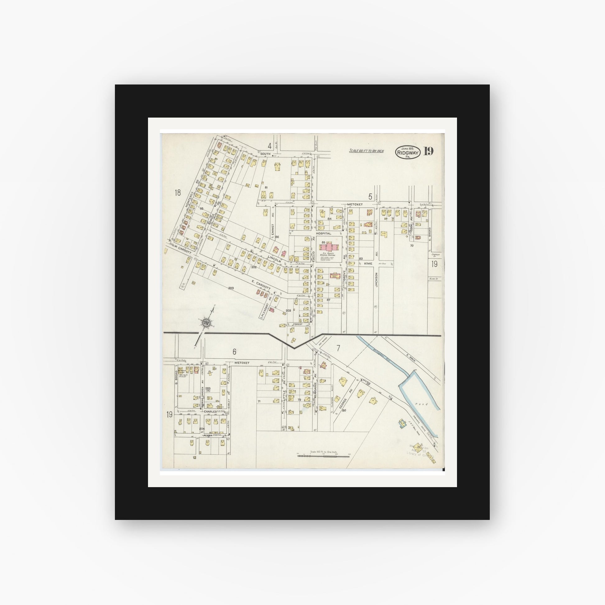 Old map wall art mockup — black gallery frame with white mat — Sanborn Fire Insurance Map from Ridgway, Elk County, Pennsylvania (1915), Sheet #0019