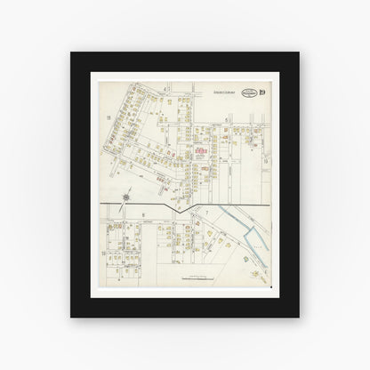 Old map wall art mockup — black gallery frame with white mat — Sanborn Fire Insurance Map from Ridgway, Elk County, Pennsylvania (1915), Sheet #0019