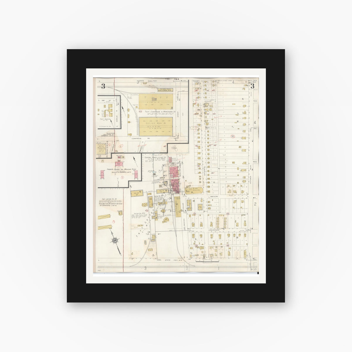 Old map wall art mockup — black gallery frame with white mat — Sanborn Fire Insurance Map from Taft, San Patricio County, Texas (1942), Sheet #0003