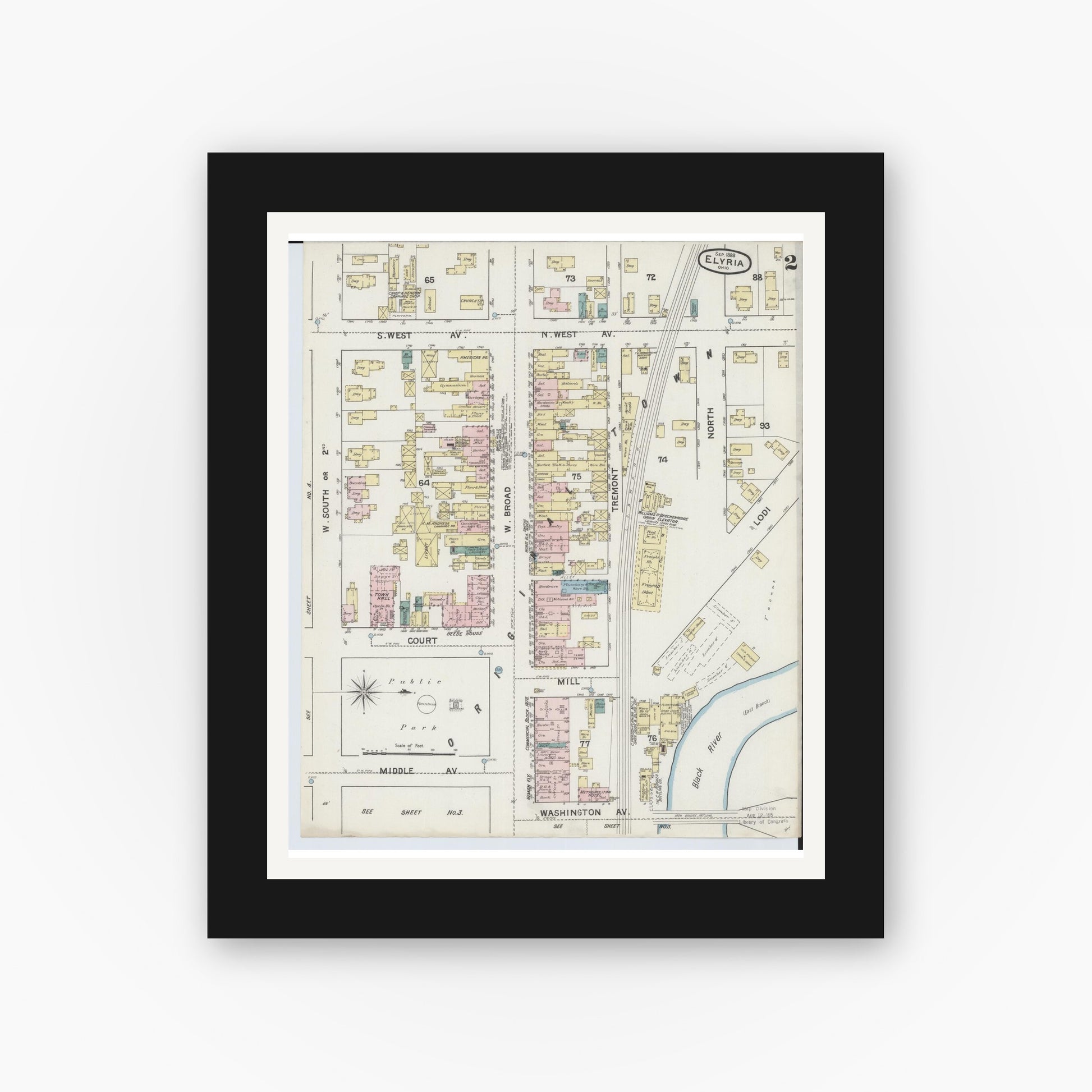 Old map wall art mockup — black gallery frame with white mat — Sanborn Fire Insurance Map from Elyria, Lorain County, Ohio (1888), Sheet #0002