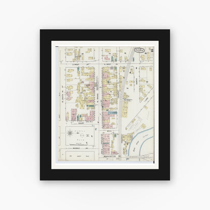 Old map wall art mockup — black gallery frame with white mat — Sanborn Fire Insurance Map from Elyria, Lorain County, Ohio (1888), Sheet #0002