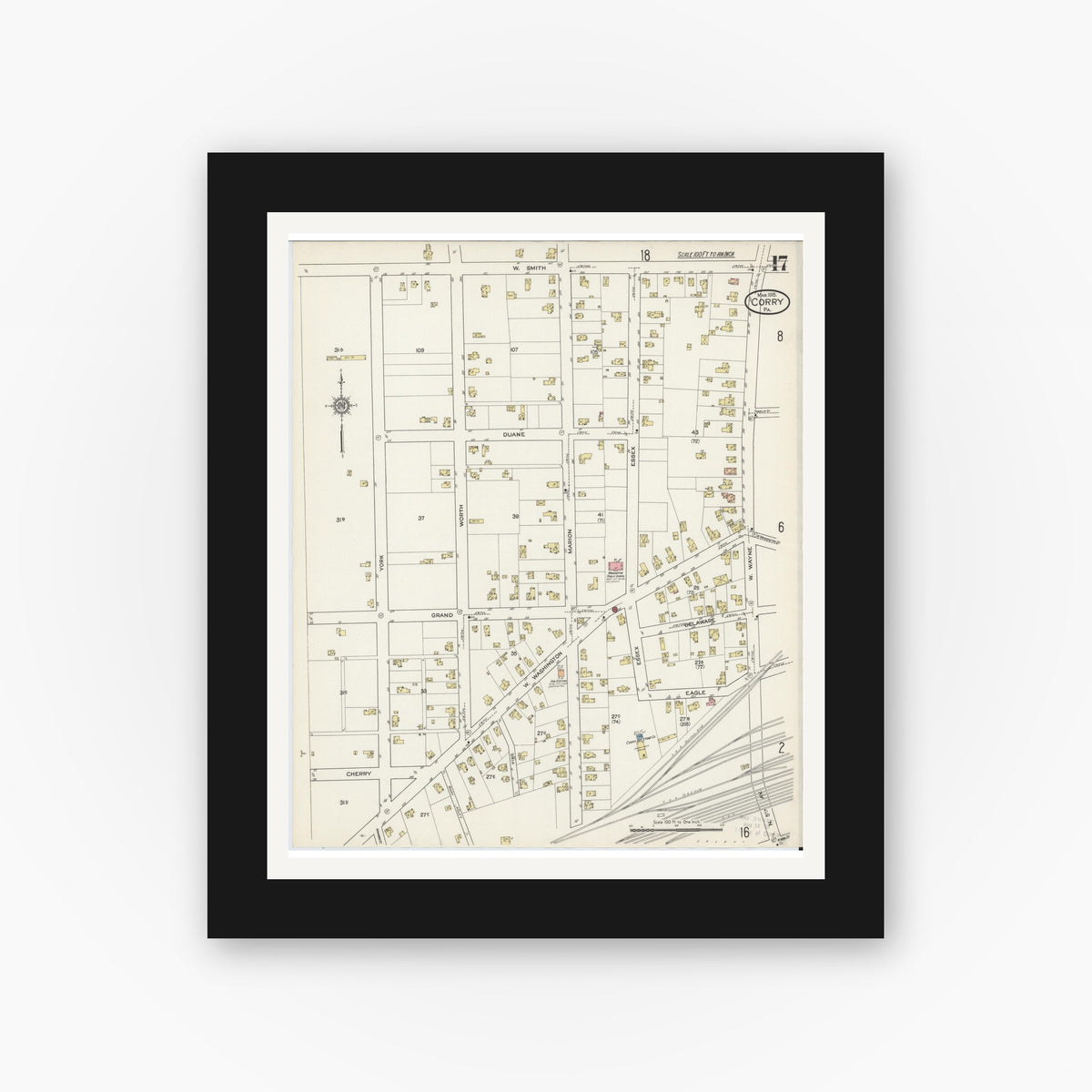 Old map wall art mockup — black gallery frame with white mat — Sanborn Fire Insurance Map from Corry, Erie County, Pennsylvania (1915), Sheet #0017