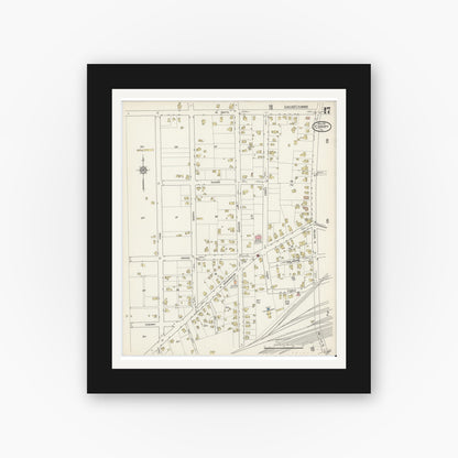 Old map wall art mockup — black gallery frame with white mat — Sanborn Fire Insurance Map from Corry, Erie County, Pennsylvania (1915), Sheet #0017