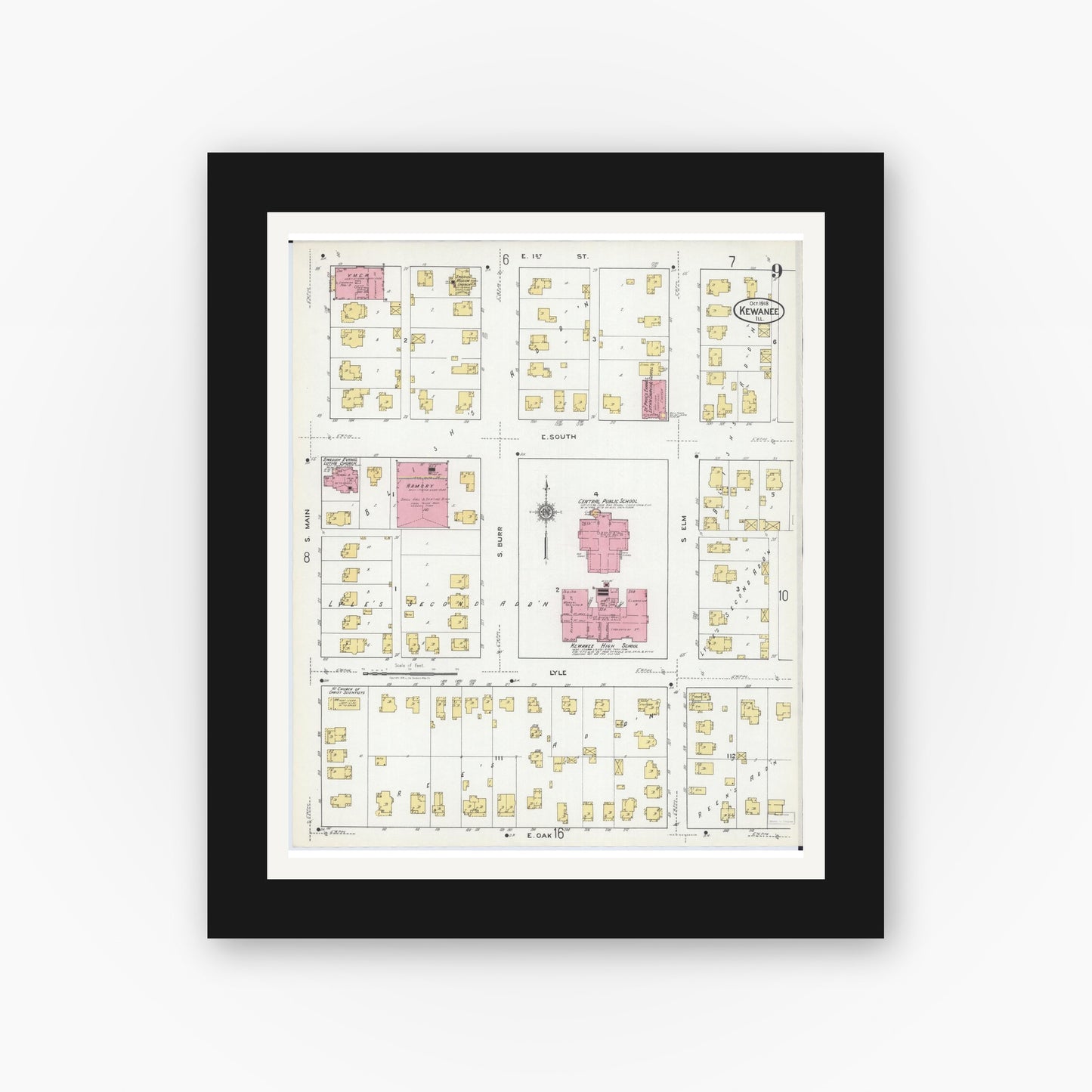 Old map wall art mockup — black gallery frame with white mat — Sanborn Fire Insurance Map from Kewanee, Henry County, Illinois (1918), Sheet #0009