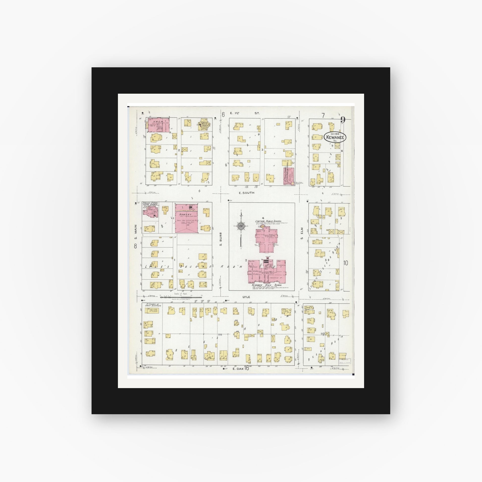 Old map wall art mockup — black gallery frame with white mat — Sanborn Fire Insurance Map from Kewanee, Henry County, Illinois (1918), Sheet #0009