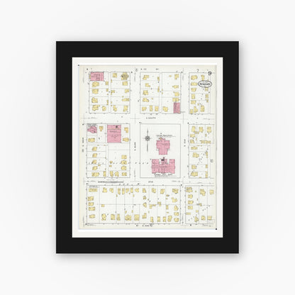 Old map wall art mockup — black gallery frame with white mat — Sanborn Fire Insurance Map from Kewanee, Henry County, Illinois (1918), Sheet #0009