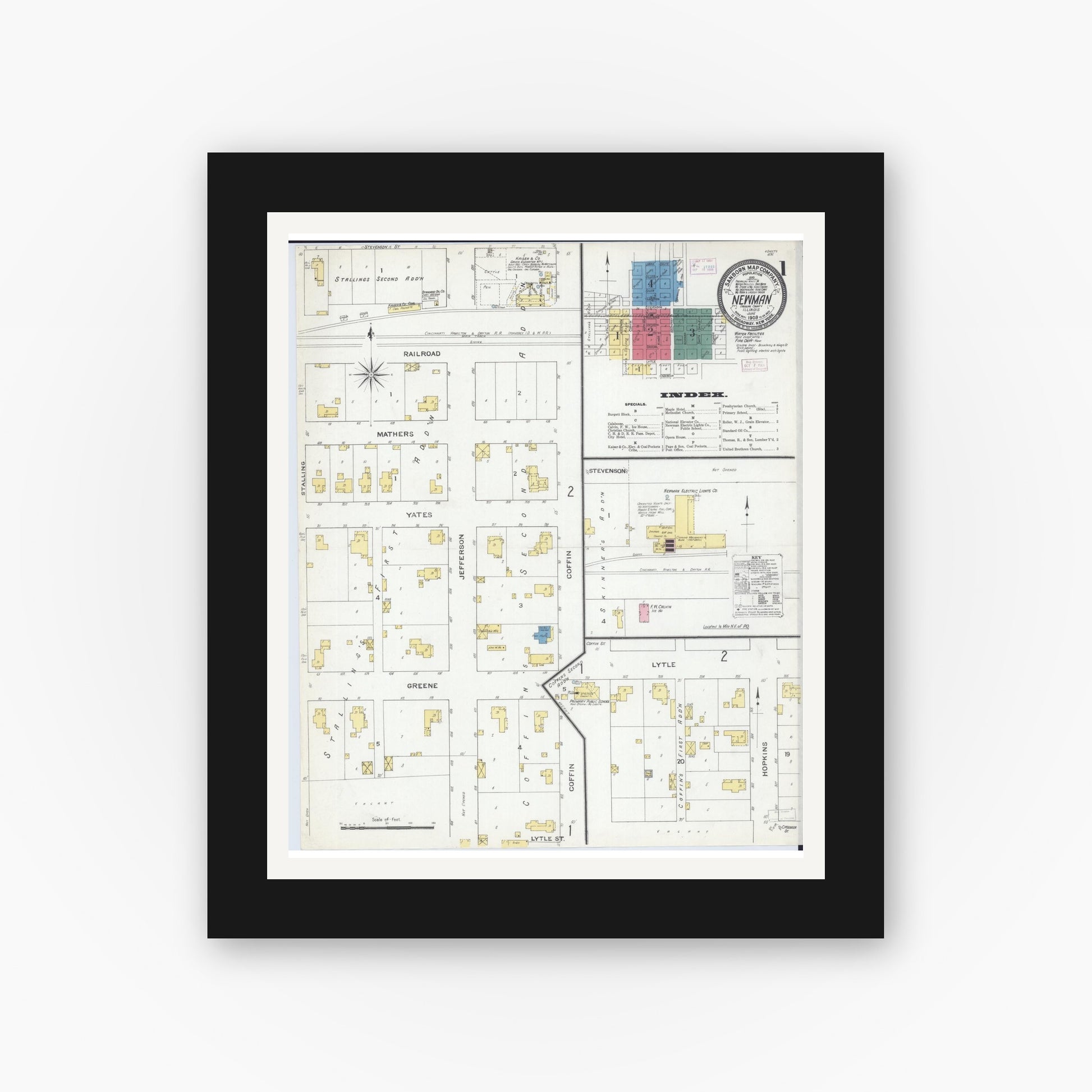 Old map wall art mockup — black gallery frame with white mat — Sanborn Fire Insurance Map from Newman, Douglas County, Illinois (1909) - Complete Map Set